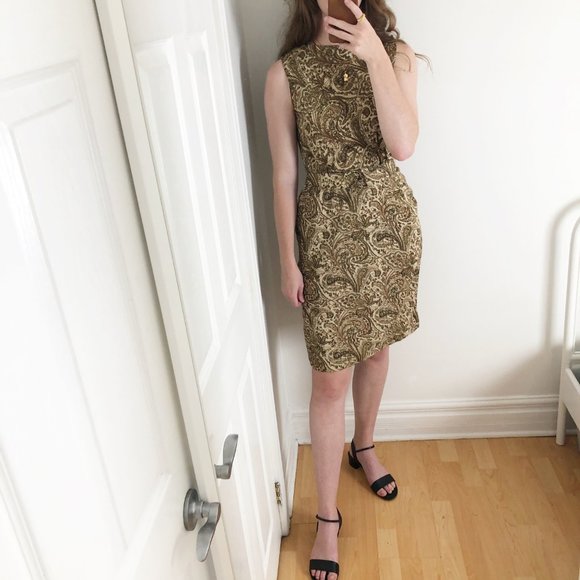 Stunning Vintage Vogue MCM Glittery Gold Print Belted Midi Dress Formal Cocktail - Picture 3 of 8